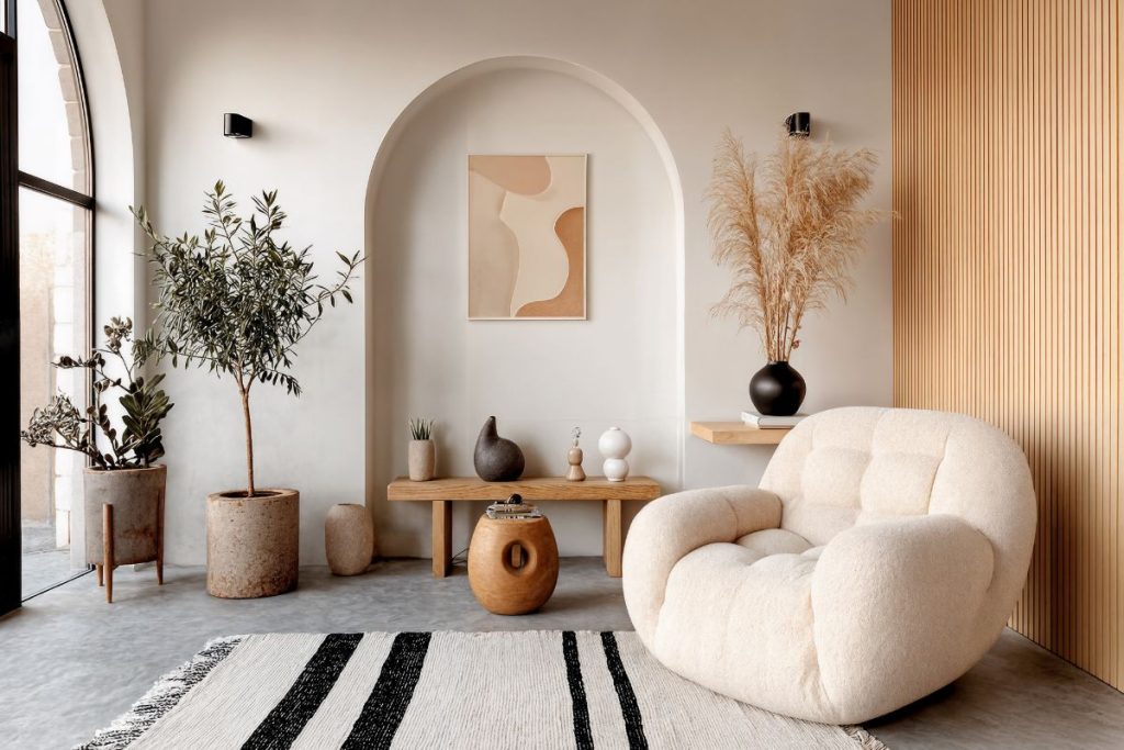 Living blanc et bois avec un tapis